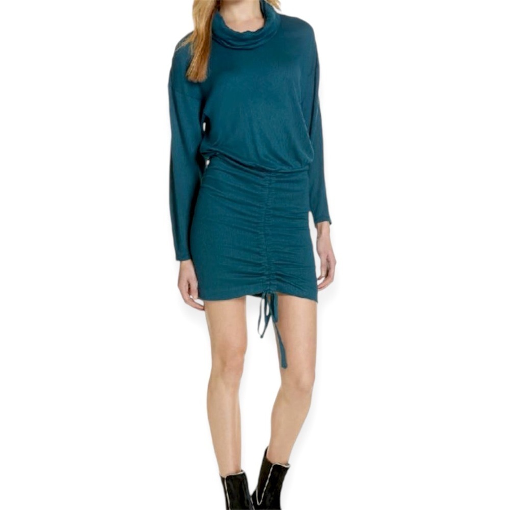 FREE PEOPLE Womens Sundown Cowl Neck Ruched Long Sleeve Mini Dress Teal size M